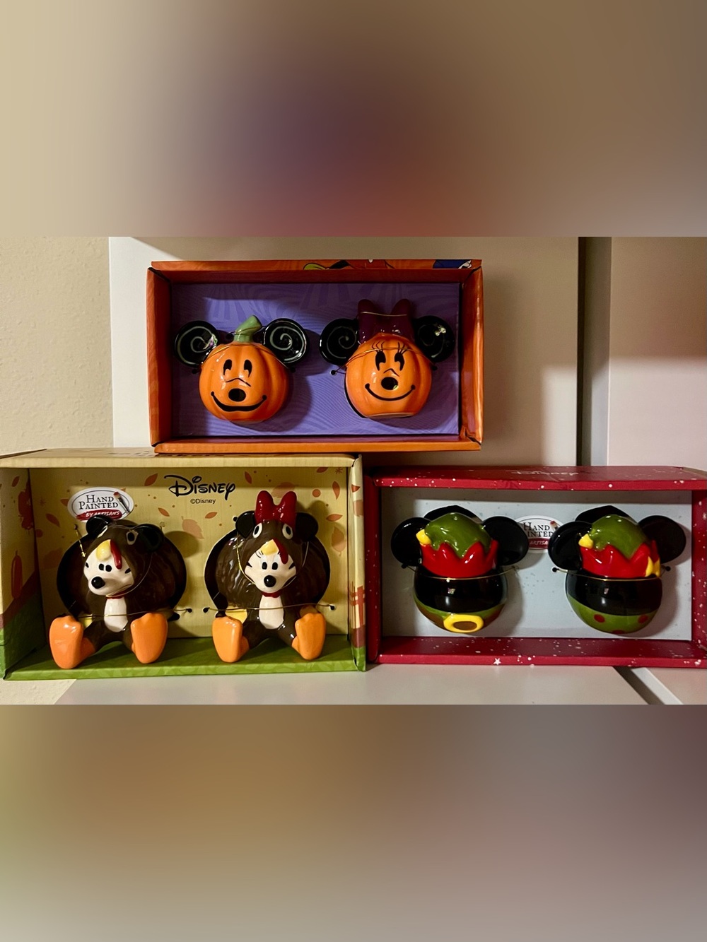 3 Disney Halloween Pumpkin Mickey &Minnie Ceramic Salt & Pepper